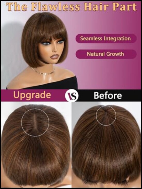 Human Hair Short Bob Wig with Bangs Glueless Lace Top Straight 8 Inch main image 6